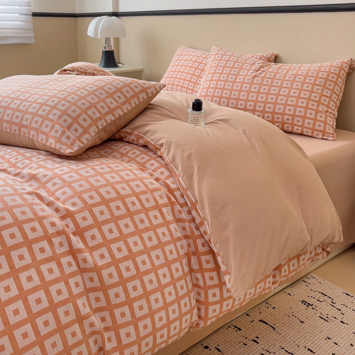 91家纺网 家纺一手货源 找家纺 小懒猪 2026秋冬新款全棉纯棉色织水洗棉华夫格四件套-魔方系列 魔方桔