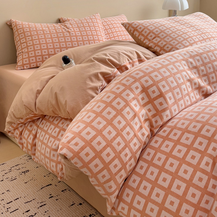 91家纺网 家纺一手货源 找家纺 小懒猪 2026秋冬新款全棉纯棉色织水洗棉华夫格四件套-魔方系列 魔方桔