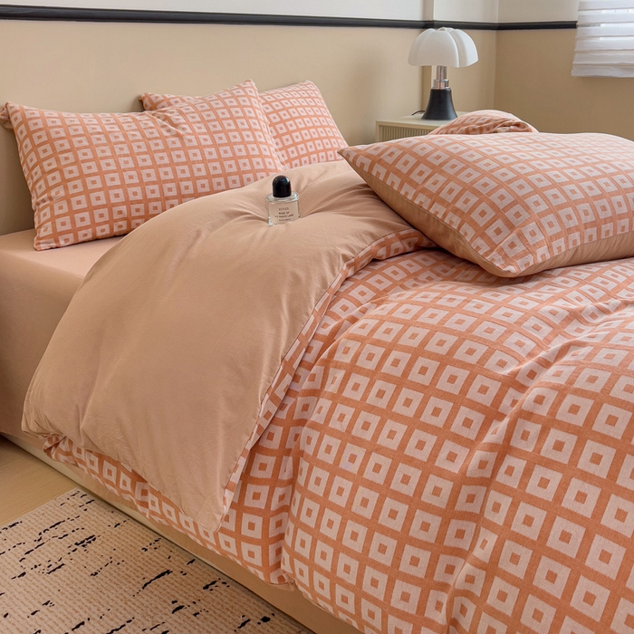 91家纺网 家纺一手货源 找家纺 小懒猪 2026秋冬新款全棉纯棉色织水洗棉华夫格四件套-魔方系列 魔方桔