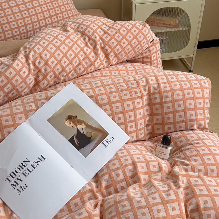 91家纺网 家纺一手货源 找家纺 小懒猪 2026秋冬新款全棉纯棉色织水洗棉华夫格四件套-魔方系列 魔方桔