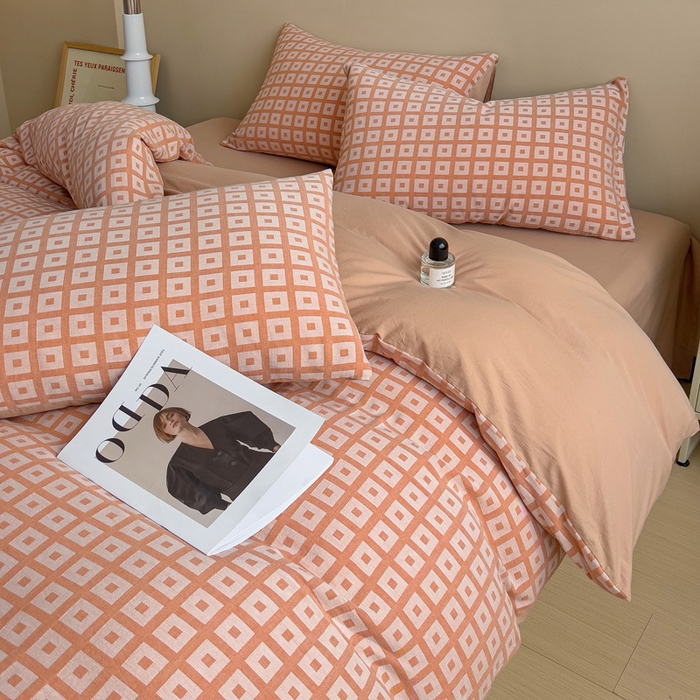 91家纺网 家纺一手货源 找家纺 小懒猪 2026秋冬新款全棉纯棉色织水洗棉华夫格四件套-魔方系列 魔方桔