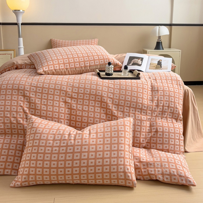 91家纺网 家纺一手货源 找家纺 小懒猪 2026秋冬新款全棉纯棉色织水洗棉华夫格四件套-魔方系列 魔方桔