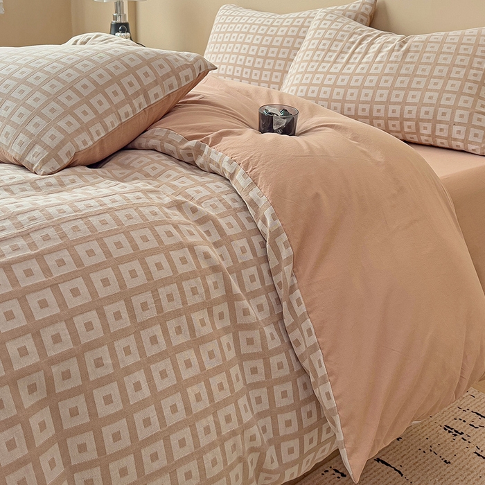 小懒猪 2026秋冬新款全棉纯棉色织水洗棉华夫格四件套-魔方系列 魔方咖