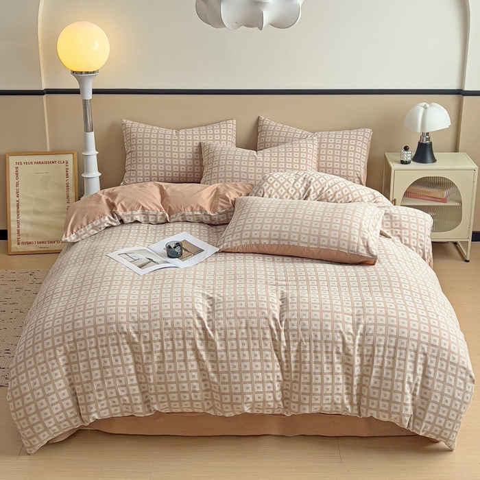 91家纺网 家纺一手货源 找家纺 小懒猪 2026秋冬新款全棉纯棉色织水洗棉华夫格四件套-魔方系列 魔方咖