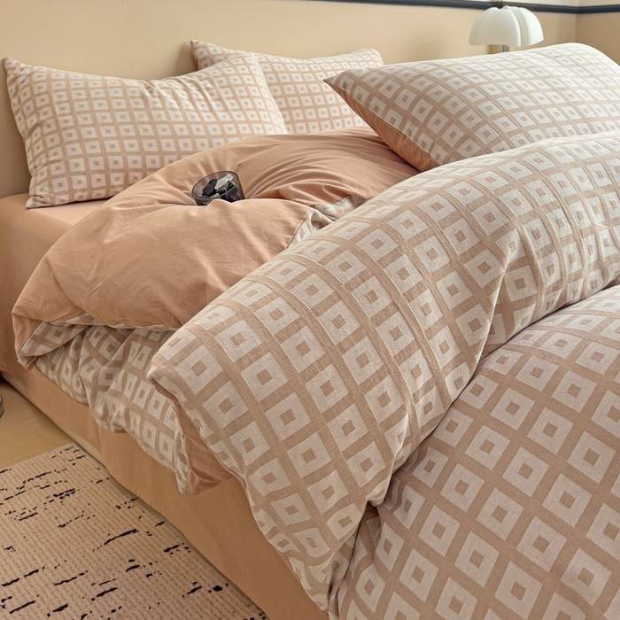 91家纺网 家纺一手货源 找家纺 小懒猪 2026秋冬新款全棉纯棉色织水洗棉华夫格四件套-魔方系列 魔方咖