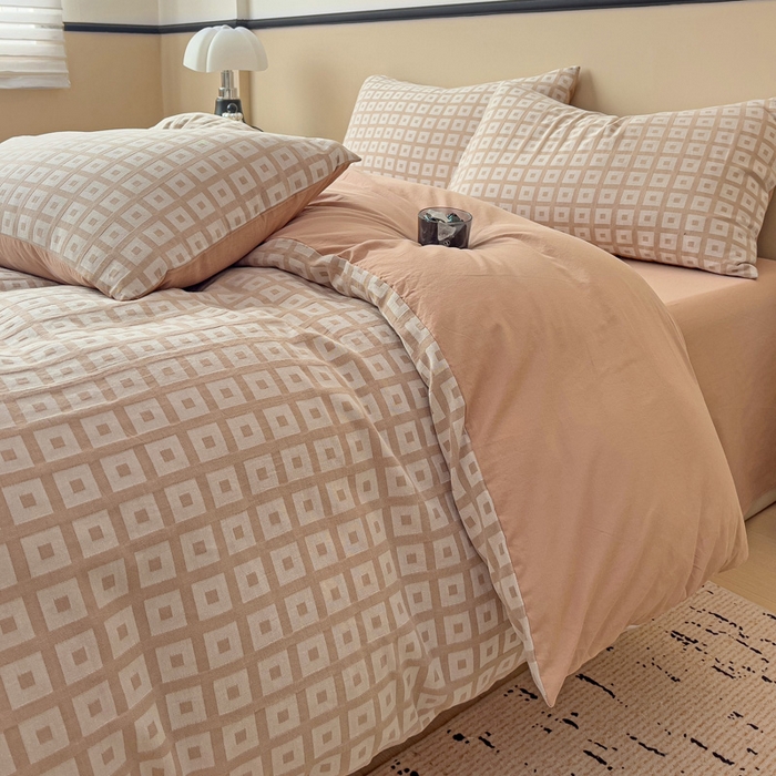 91家纺网 家纺一手货源 找家纺 小懒猪 2026秋冬新款全棉纯棉色织水洗棉华夫格四件套-魔方系列 魔方咖