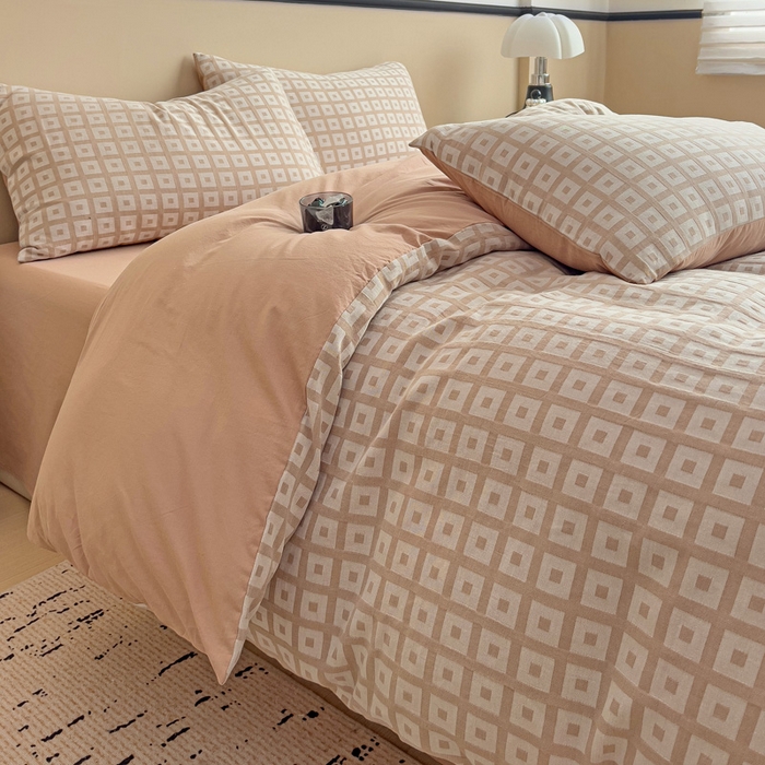 91家纺网 家纺一手货源 找家纺 小懒猪 2026秋冬新款全棉纯棉色织水洗棉华夫格四件套-魔方系列 魔方咖