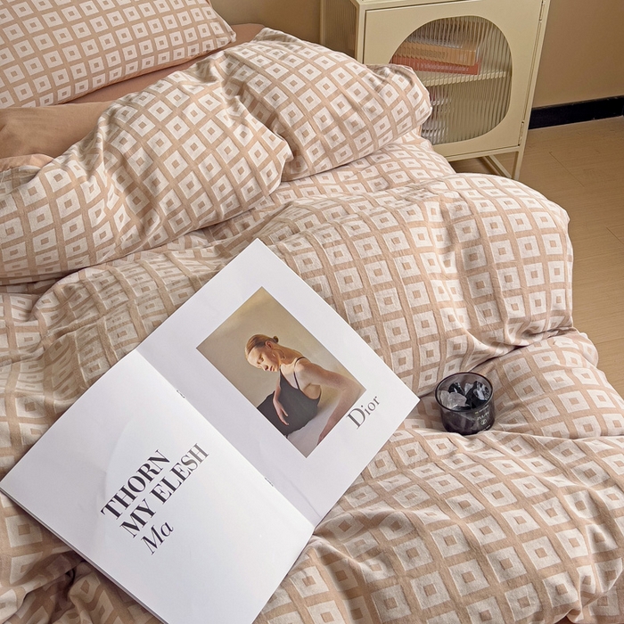 91家纺网 家纺一手货源 找家纺 小懒猪 2026秋冬新款全棉纯棉色织水洗棉华夫格四件套-魔方系列 魔方咖