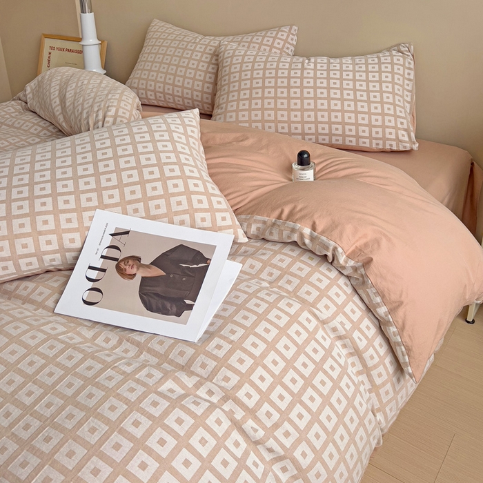 91家纺网 家纺一手货源 找家纺 小懒猪 2026秋冬新款全棉纯棉色织水洗棉华夫格四件套-魔方系列 魔方咖