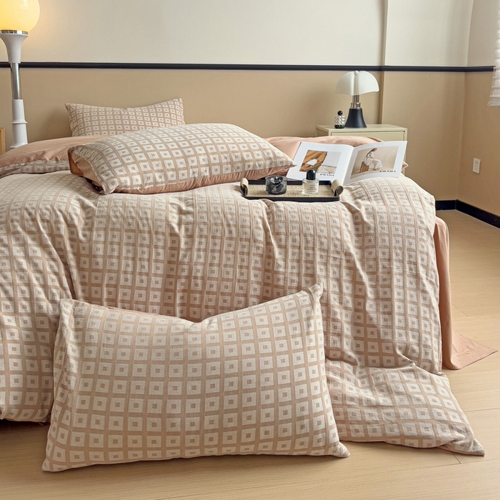 91家纺网 家纺一手货源 找家纺 小懒猪 2026秋冬新款全棉纯棉色织水洗棉华夫格四件套-魔方系列 魔方咖