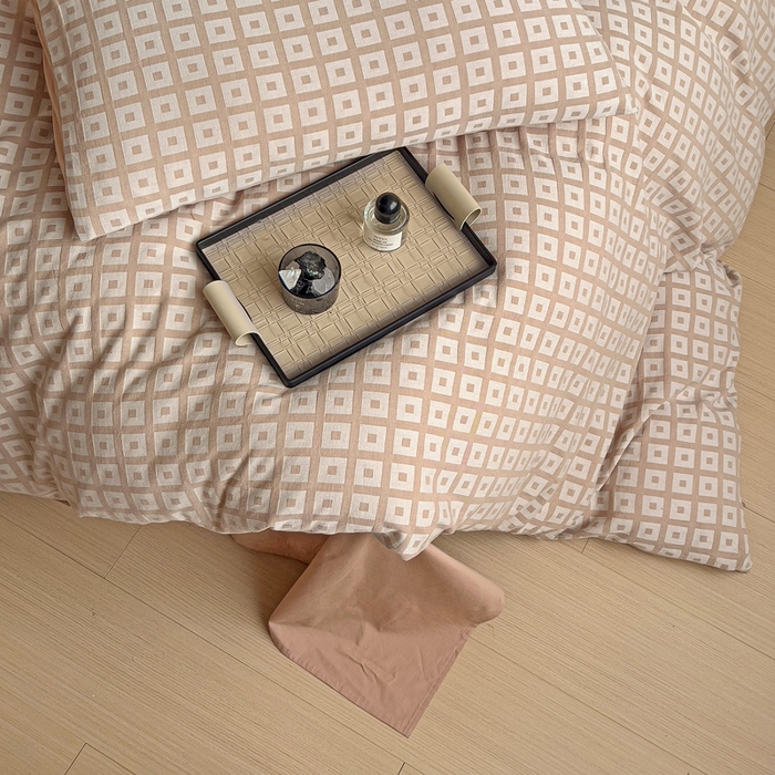 91家纺网 家纺一手货源 找家纺 小懒猪 2026秋冬新款全棉纯棉色织水洗棉华夫格四件套-魔方系列 魔方咖