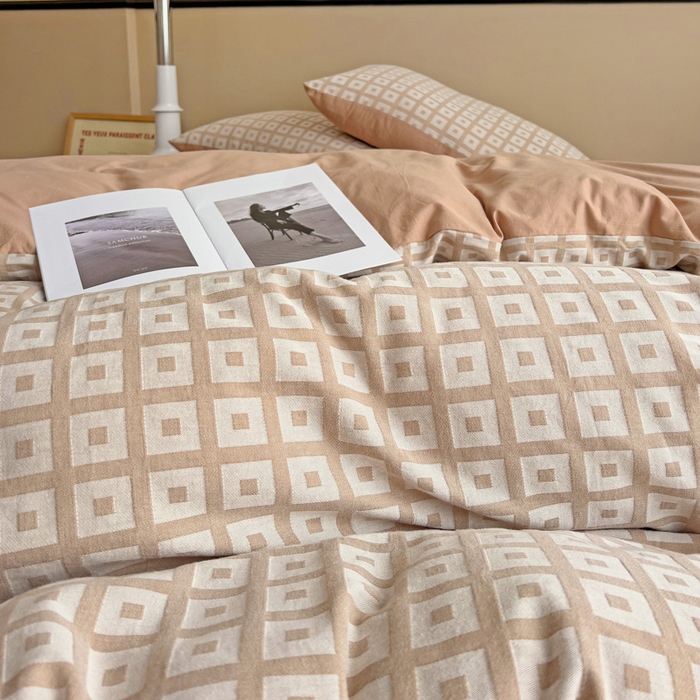 91家纺网 家纺一手货源 找家纺 小懒猪 2026秋冬新款全棉纯棉色织水洗棉华夫格四件套-魔方系列 魔方咖