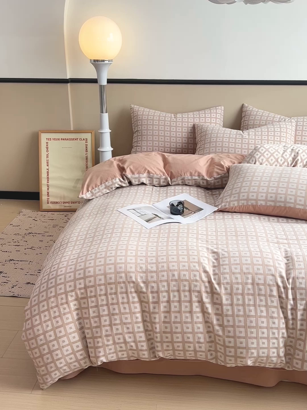 91家纺网 家纺一手货源 找家纺 小懒猪 2026秋冬新款全棉纯棉色织水洗棉华夫格四件套-魔方系列 魔方咖