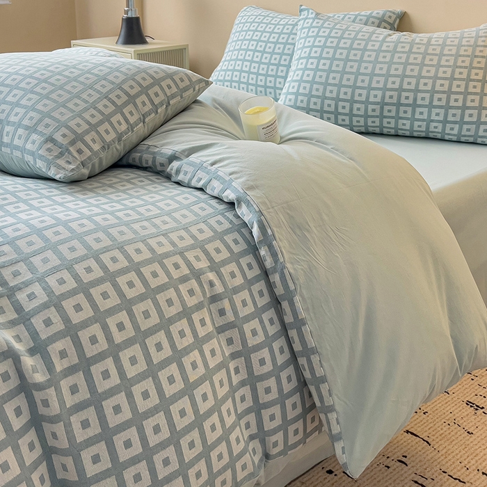 小懒猪 2026秋冬新款全棉纯棉色织水洗棉华夫格四件套-魔方系列 魔方蓝