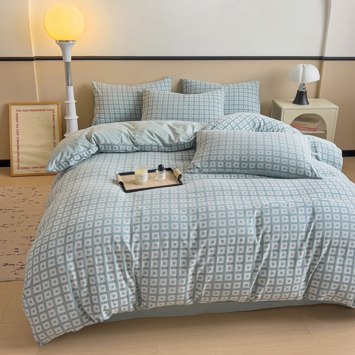 91家纺网 家纺一手货源 找家纺 小懒猪 2026秋冬新款全棉纯棉色织水洗棉华夫格四件套-魔方系列 魔方蓝