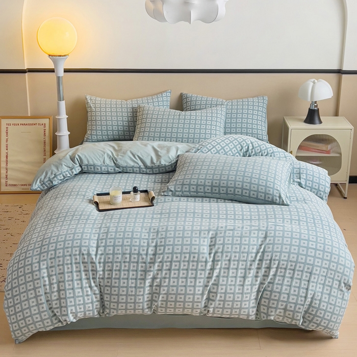 91家纺网 家纺一手货源 找家纺 小懒猪 2026秋冬新款全棉纯棉色织水洗棉华夫格四件套-魔方系列 魔方蓝