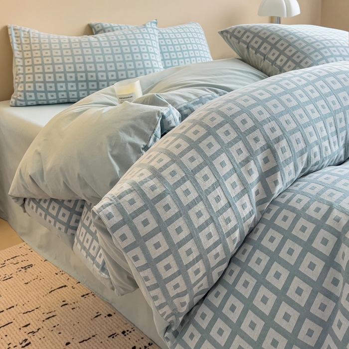 91家纺网 家纺一手货源 找家纺 小懒猪 2026秋冬新款全棉纯棉色织水洗棉华夫格四件套-魔方系列 魔方蓝