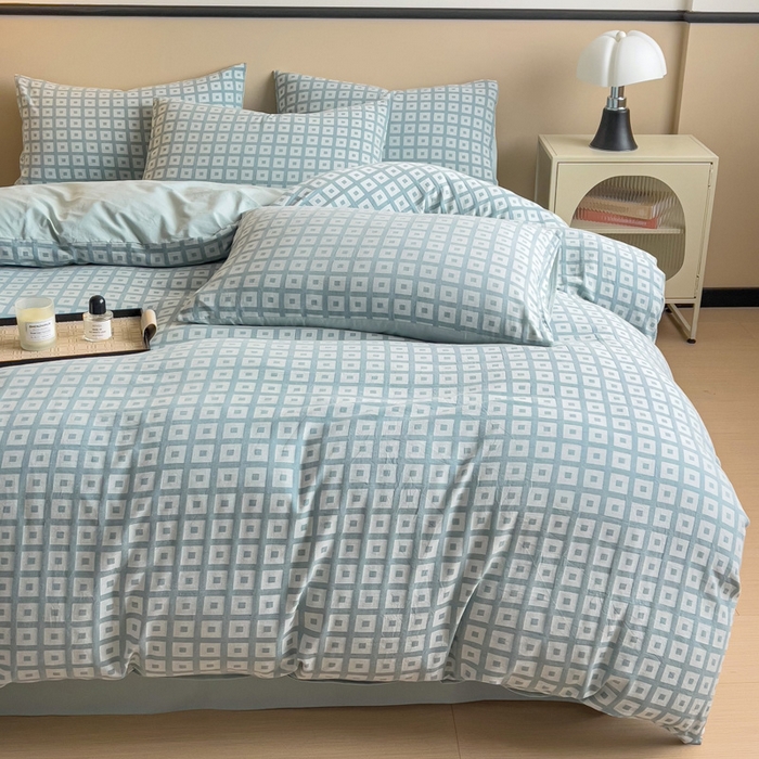 91家纺网 家纺一手货源 找家纺 小懒猪 2026秋冬新款全棉纯棉色织水洗棉华夫格四件套-魔方系列 魔方蓝