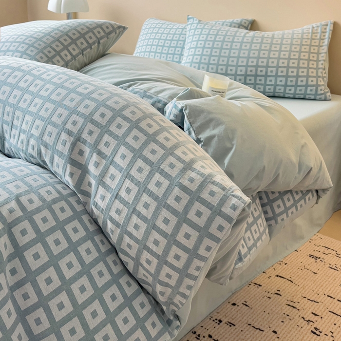 91家纺网 家纺一手货源 找家纺 小懒猪 2026秋冬新款全棉纯棉色织水洗棉华夫格四件套-魔方系列 魔方蓝