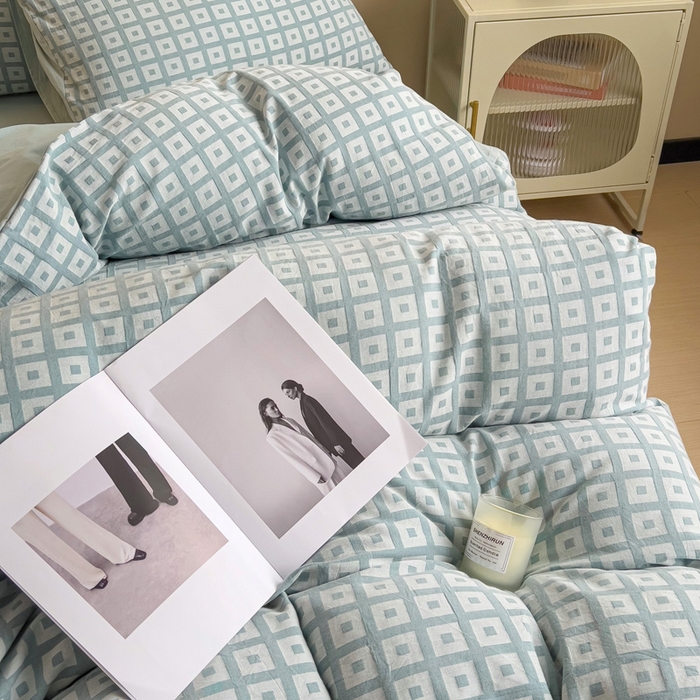 91家纺网 家纺一手货源 找家纺 小懒猪 2026秋冬新款全棉纯棉色织水洗棉华夫格四件套-魔方系列 魔方蓝