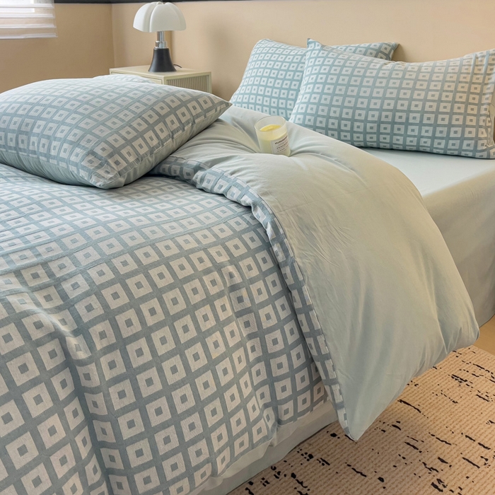 91家纺网 家纺一手货源 找家纺 小懒猪 2026秋冬新款全棉纯棉色织水洗棉华夫格四件套-魔方系列 魔方蓝