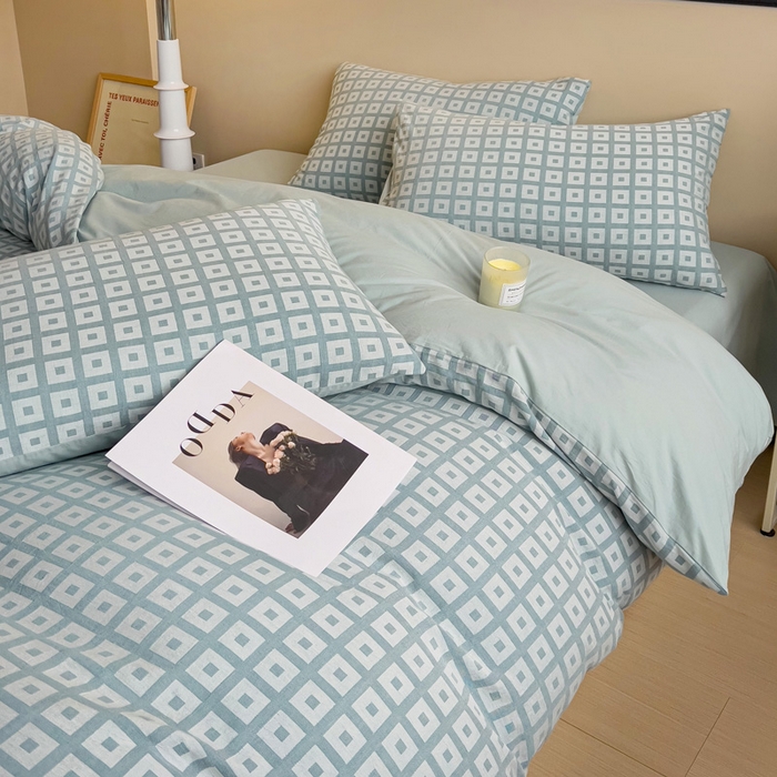 91家纺网 家纺一手货源 找家纺 小懒猪 2026秋冬新款全棉纯棉色织水洗棉华夫格四件套-魔方系列 魔方蓝