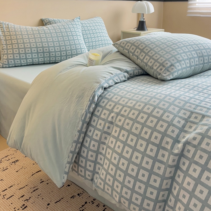 91家纺网 家纺一手货源 找家纺 小懒猪 2026秋冬新款全棉纯棉色织水洗棉华夫格四件套-魔方系列 魔方蓝