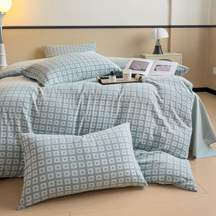 91家纺网 家纺一手货源 找家纺 小懒猪 2026秋冬新款全棉纯棉色织水洗棉华夫格四件套-魔方系列 魔方蓝