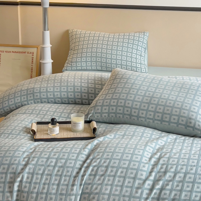 91家纺网 家纺一手货源 找家纺 小懒猪 2026秋冬新款全棉纯棉色织水洗棉华夫格四件套-魔方系列 魔方蓝