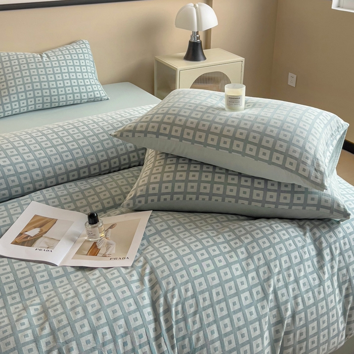 91家纺网 家纺一手货源 找家纺 小懒猪 2026秋冬新款全棉纯棉色织水洗棉华夫格四件套-魔方系列 魔方蓝