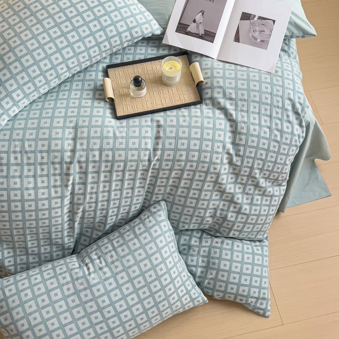 91家纺网 家纺一手货源 找家纺 小懒猪 2026秋冬新款全棉纯棉色织水洗棉华夫格四件套-魔方系列 魔方蓝