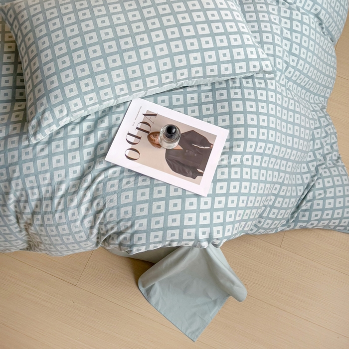 91家纺网 家纺一手货源 找家纺 小懒猪 2026秋冬新款全棉纯棉色织水洗棉华夫格四件套-魔方系列 魔方蓝