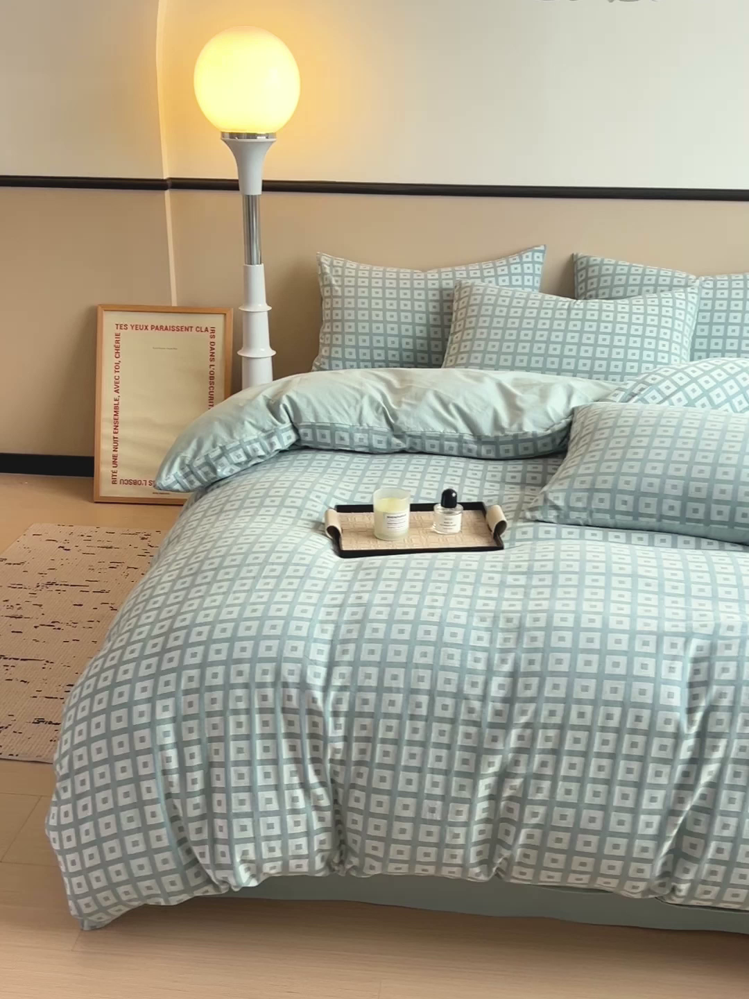 91家纺网 家纺一手货源 找家纺 小懒猪 2026秋冬新款全棉纯棉色织水洗棉华夫格四件套-魔方系列 魔方蓝