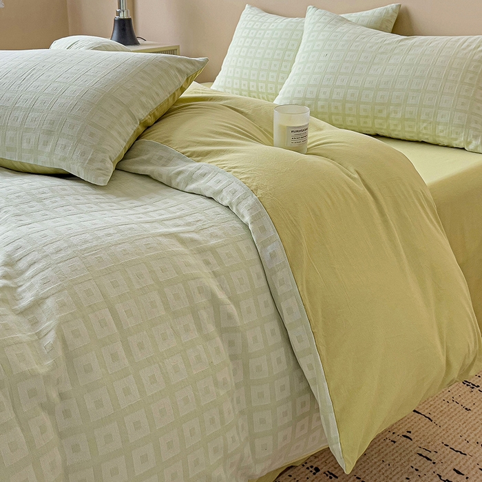 小懒猪 2026秋冬新款全棉纯棉色织水洗棉华夫格四件套-魔方系列 魔方绿