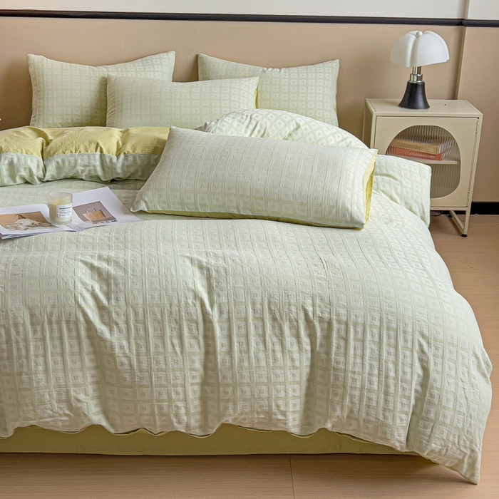 91家纺网 家纺一手货源 找家纺 小懒猪 2026秋冬新款全棉纯棉色织水洗棉华夫格四件套-魔方系列 魔方绿