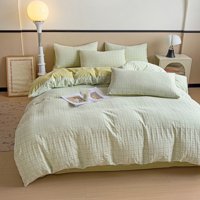 91家纺网 家纺一手货源 找家纺 小懒猪 2026秋冬新款全棉纯棉色织水洗棉华夫格四件套-魔方系列 魔方绿