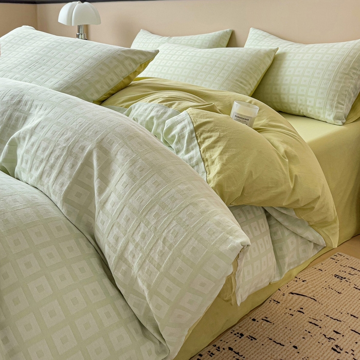 91家纺网 家纺一手货源 找家纺 小懒猪 2026秋冬新款全棉纯棉色织水洗棉华夫格四件套-魔方系列 魔方绿