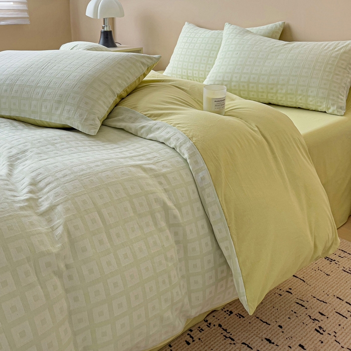 91家纺网 家纺一手货源 找家纺 小懒猪 2026秋冬新款全棉纯棉色织水洗棉华夫格四件套-魔方系列 魔方绿