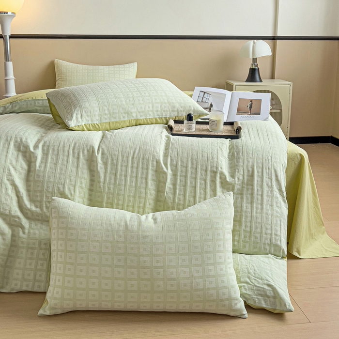 91家纺网 家纺一手货源 找家纺 小懒猪 2026秋冬新款全棉纯棉色织水洗棉华夫格四件套-魔方系列 魔方绿