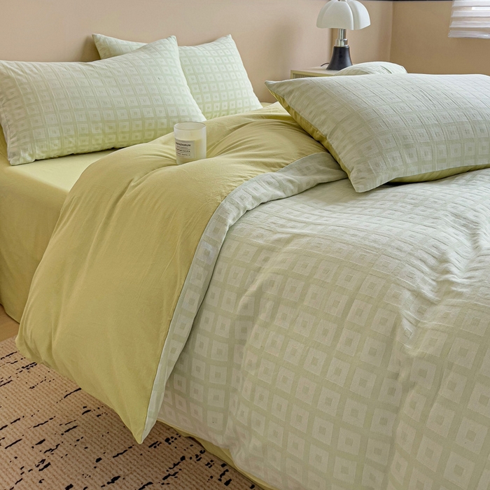 91家纺网 家纺一手货源 找家纺 小懒猪 2026秋冬新款全棉纯棉色织水洗棉华夫格四件套-魔方系列 魔方绿