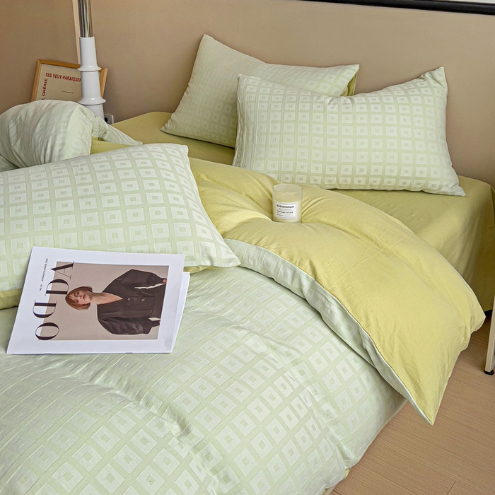 91家纺网 家纺一手货源 找家纺 小懒猪 2026秋冬新款全棉纯棉色织水洗棉华夫格四件套-魔方系列 魔方绿