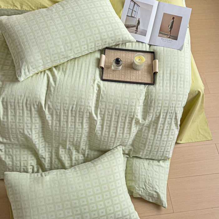 91家纺网 家纺一手货源 找家纺 小懒猪 2026秋冬新款全棉纯棉色织水洗棉华夫格四件套-魔方系列 魔方绿