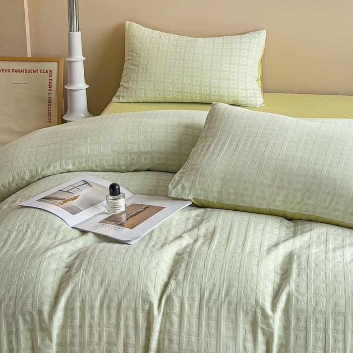 91家纺网 家纺一手货源 找家纺 小懒猪 2026秋冬新款全棉纯棉色织水洗棉华夫格四件套-魔方系列 魔方绿