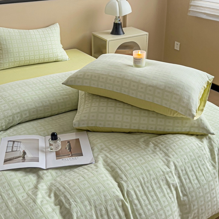 91家纺网 家纺一手货源 找家纺 小懒猪 2026秋冬新款全棉纯棉色织水洗棉华夫格四件套-魔方系列 魔方绿