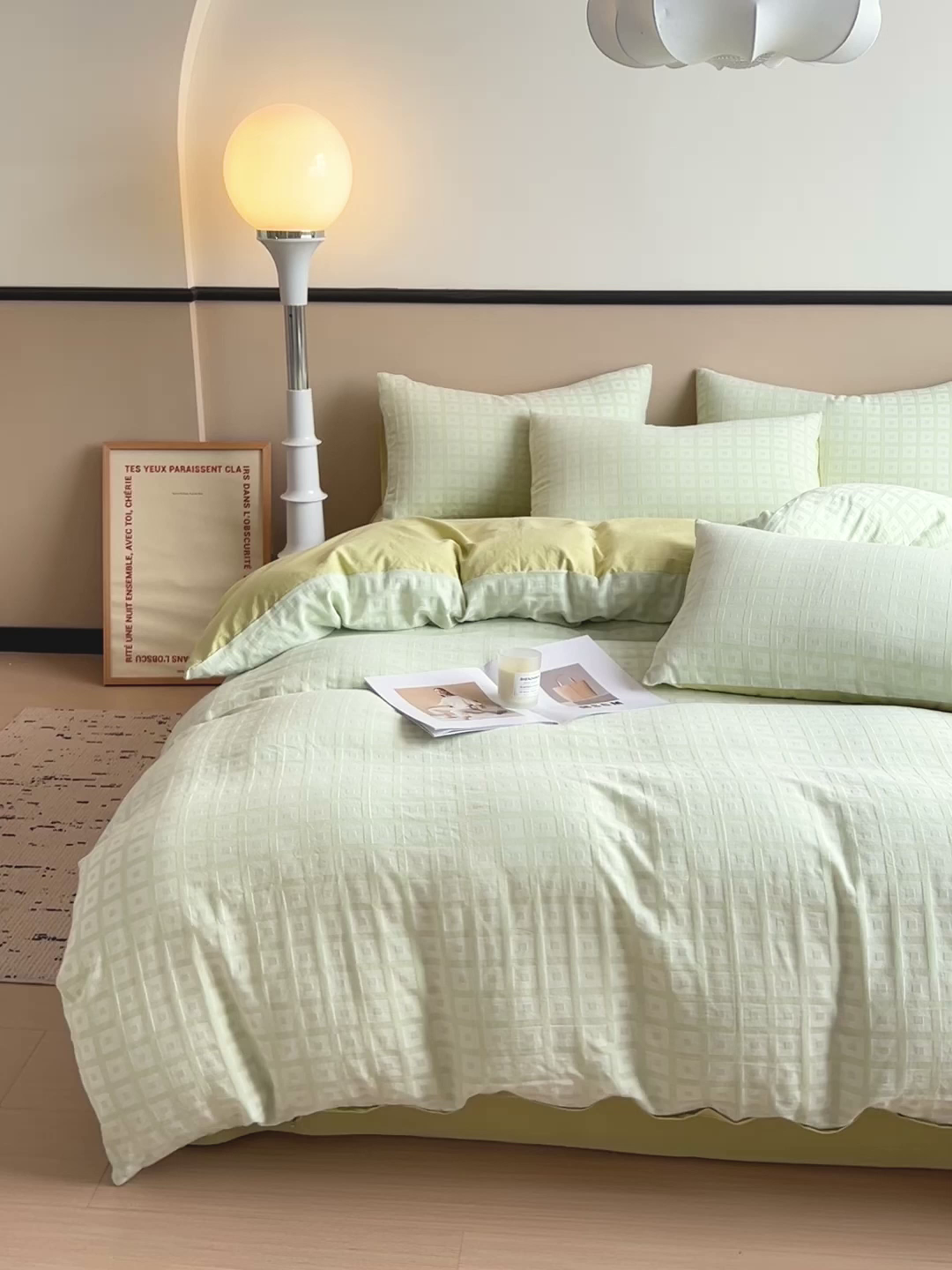 91家纺网 家纺一手货源 找家纺 小懒猪 2026秋冬新款全棉纯棉色织水洗棉华夫格四件套-魔方系列 魔方绿