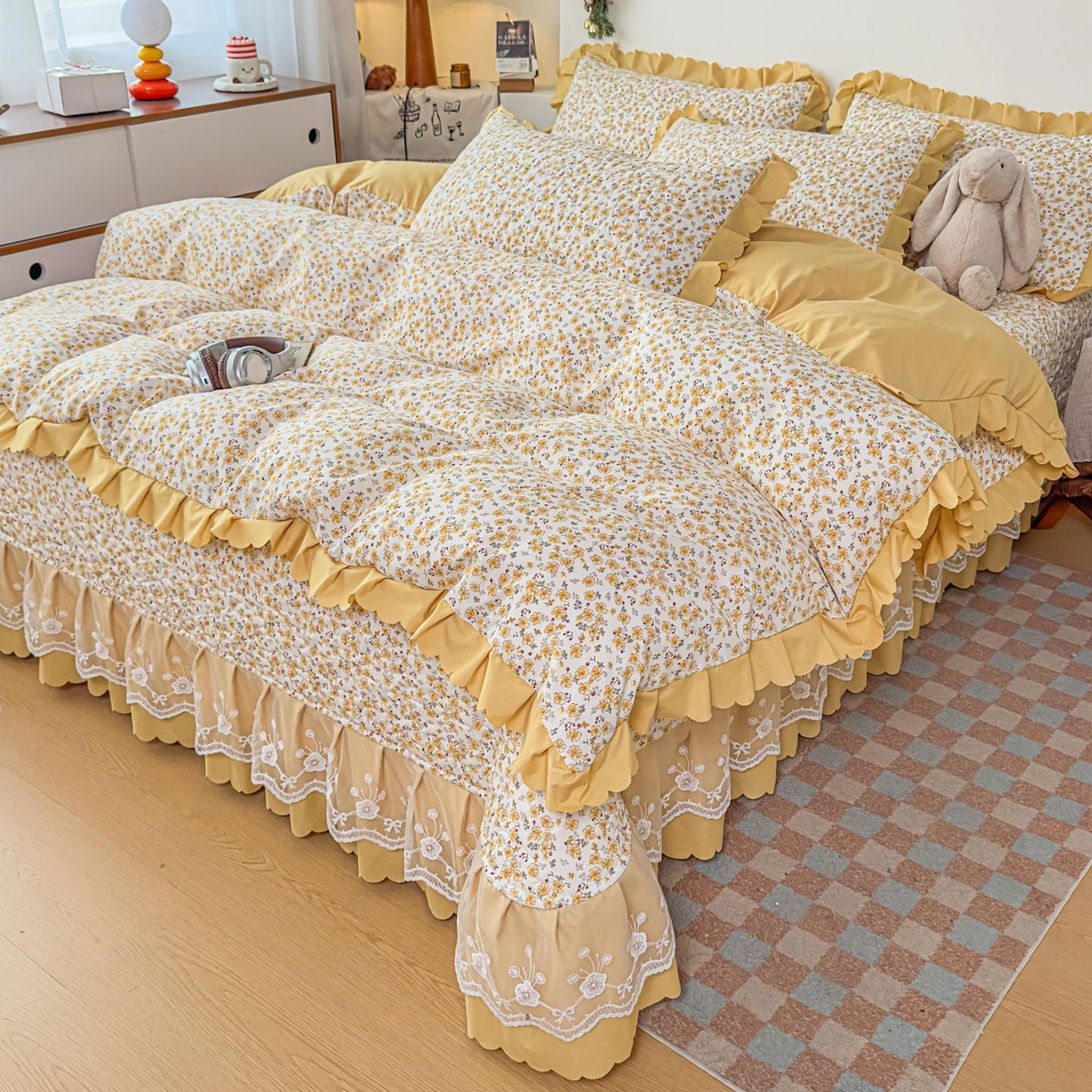 91家纺网 家纺一手货源 找家纺 （总）雅眠居 2026新款直播爆款古法仿棉双层蕾丝花边床盖四件套