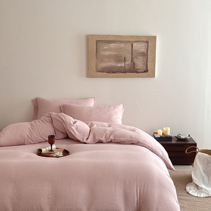 91家纺网 家纺一手货源 找家纺 尚品本色 2026新款纯色色织双层纱四件套 粉色