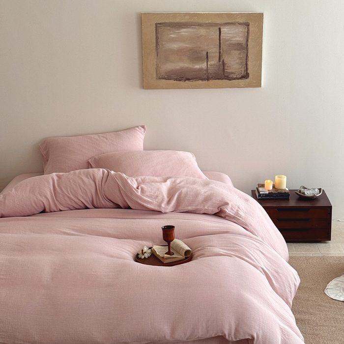 91家纺网 家纺一手货源 找家纺 尚品本色 2026新款纯色色织双层纱四件套 粉色