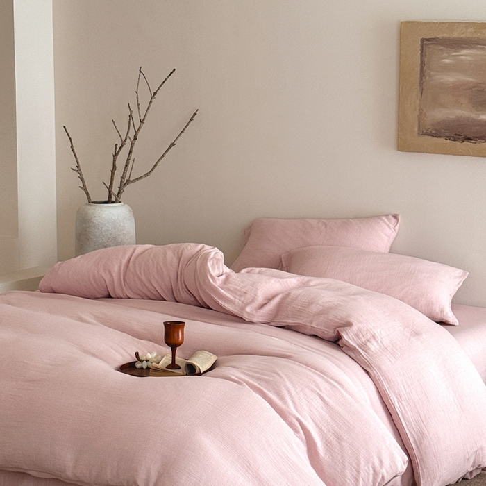 91家纺网 家纺一手货源 找家纺 尚品本色 2026新款纯色色织双层纱四件套 粉色