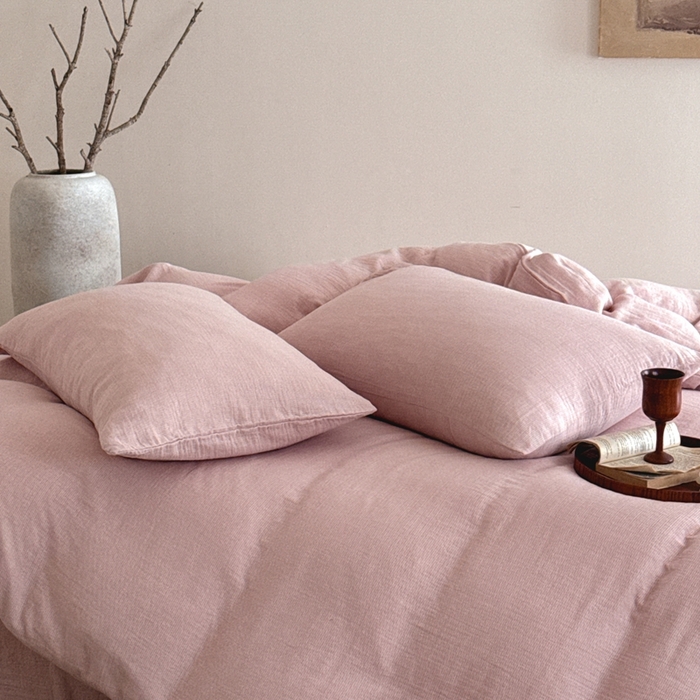 91家纺网 家纺一手货源 找家纺 尚品本色 2026新款纯色色织双层纱四件套 粉色